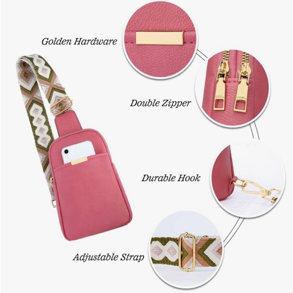 NEW NWT Chic Pink Crossbody Bag with Sturdy Southwest Patterned Strap and Gold - Picture 3 of 8